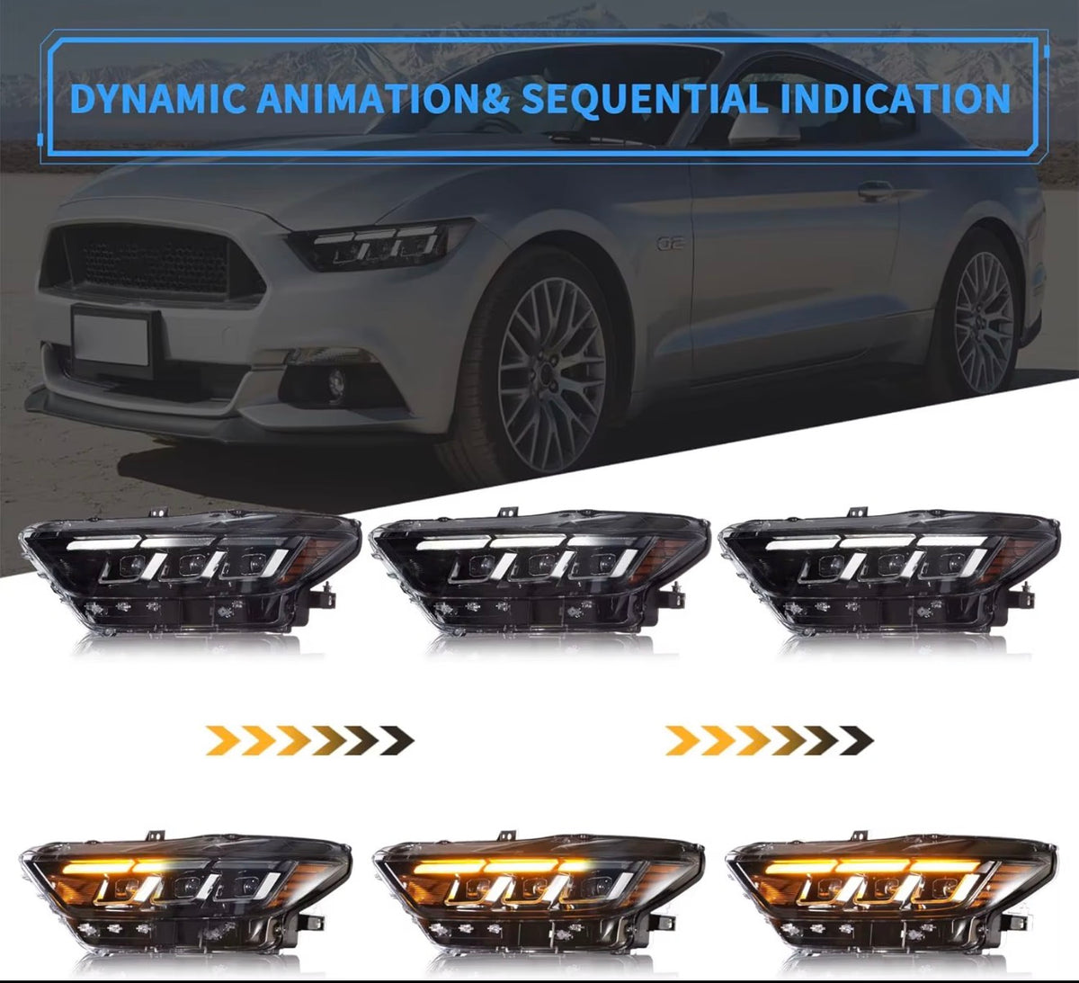 Mustang2015-2017 6th Gen S550 Projector Headlights White Amber DRL
Animated Sequential Turn Signal 35W 12V