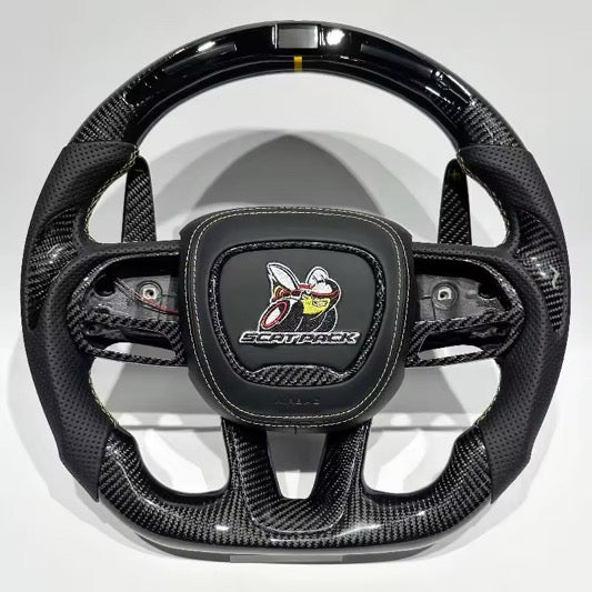 Carbon Fiber Flat Bottom Steering Wheel for Dodge Charger / Challenger SRT Scat Pack Hellcat & Jeep Grand Cherokee Trackhawk (2015-2023)