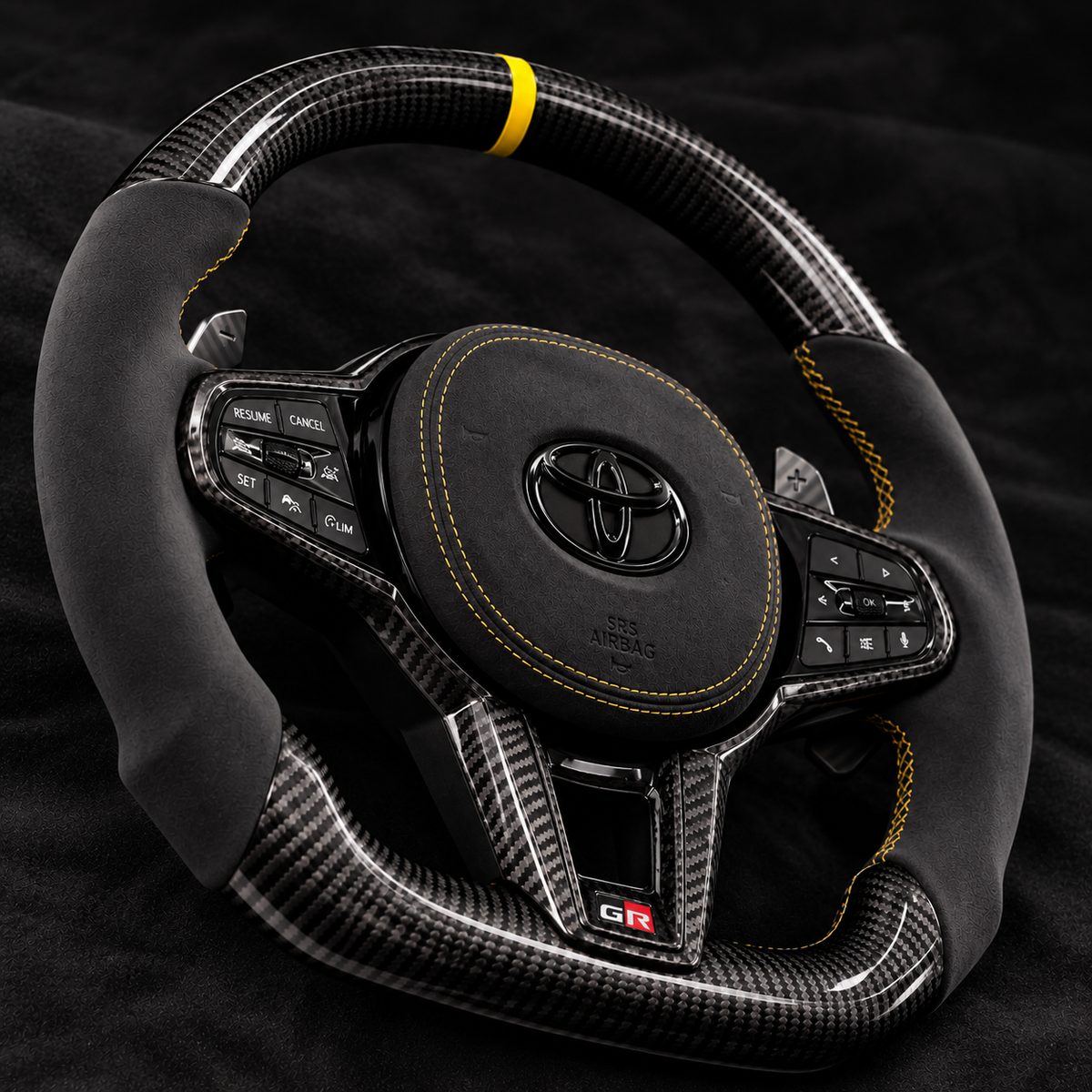 Toyota Supra MK5 G-Style Full Assembly Carbon Fiber & Italian Alcantara Steering Wheel – Yellow Accents