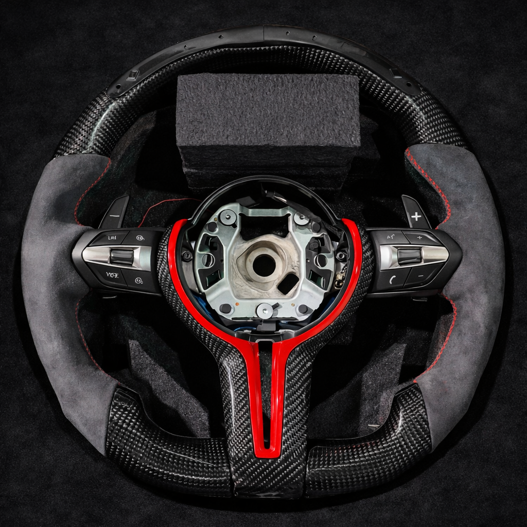 BMW M Cherry LED Custom Carbon Fiber Steering Wheel Half Alcantara for 2012-2019 F Models