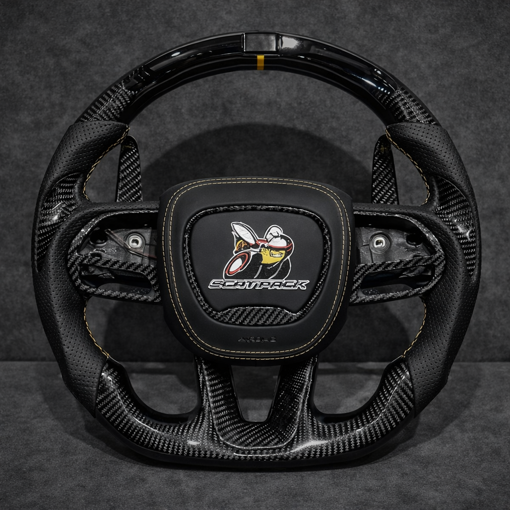 Carbon Fiber Flat Bottom Steering Wheel for Dodge Charger / Challenger SRT Scat Pack Hellcat & Jeep Grand Cherokee Trackhawk (2015-2023)