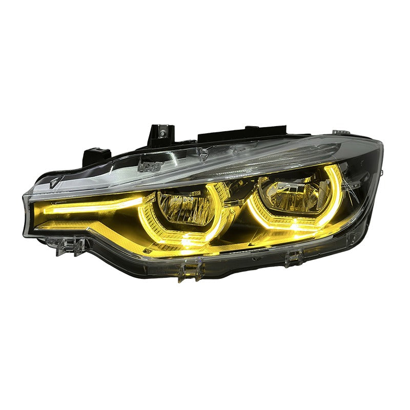 BMW 3 series F30 Tri-Color LED Headlights – Yellow / White / Red DRL Switching | Blacked-Out & Clear Lens Design