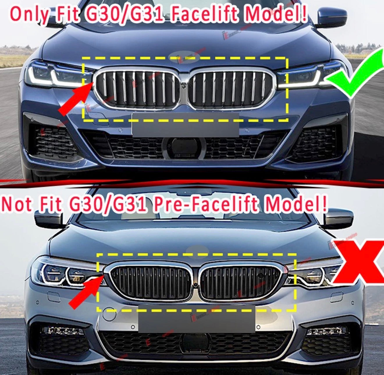 For 2021-2024 BMW G30 G31 530i 540i Gloss Black Front Bumper Kidney Hood Grille
