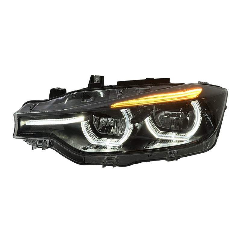 BMW 3 series F30 Tri-Color LED Headlights – Yellow / White / Red DRL Switching | Blacked-Out & Clear Lens Design
