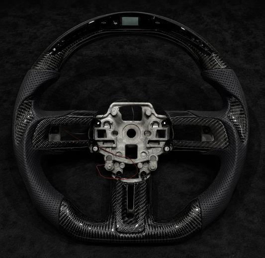 LED RPM Gloss Carbon Fiber Steering Wheel for Ford Mustang GT & Shelby 2015–2023 | Flat Bottom | Perforated Leather