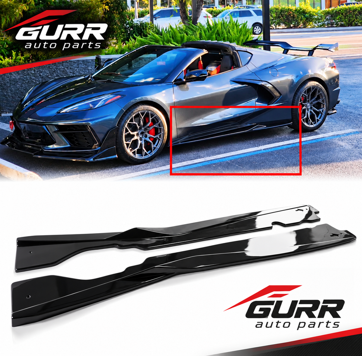 For Corvette C8 2020-25 Glossy Black V2 Style Side Skirts Extension Rocker Panel