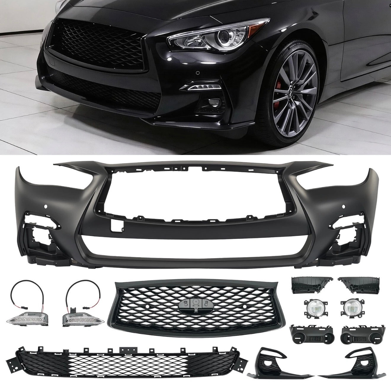 13 Pc Front Bumper Grille Set For 2018-2024 Infiniti Q50 Sport W or W/O Sensor