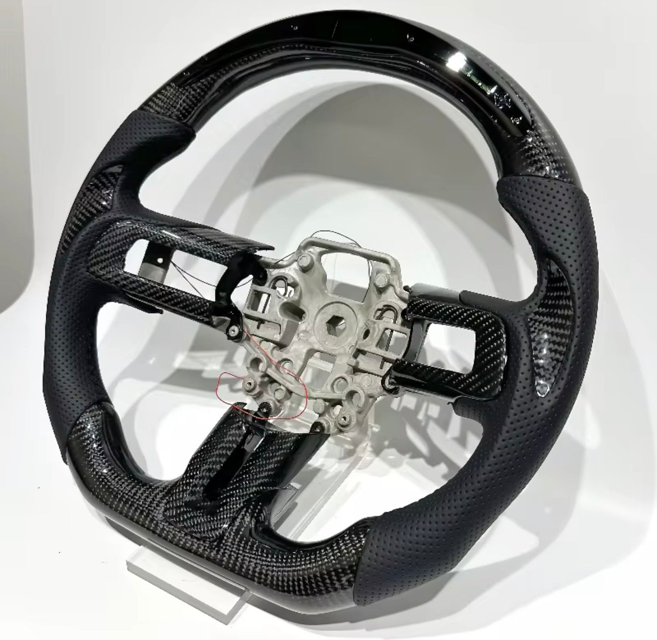 LED RPM Gloss Carbon Fiber Steering Wheel for Ford Mustang GT & Shelby 2015–2023 | Flat Bottom | Perforated Leather