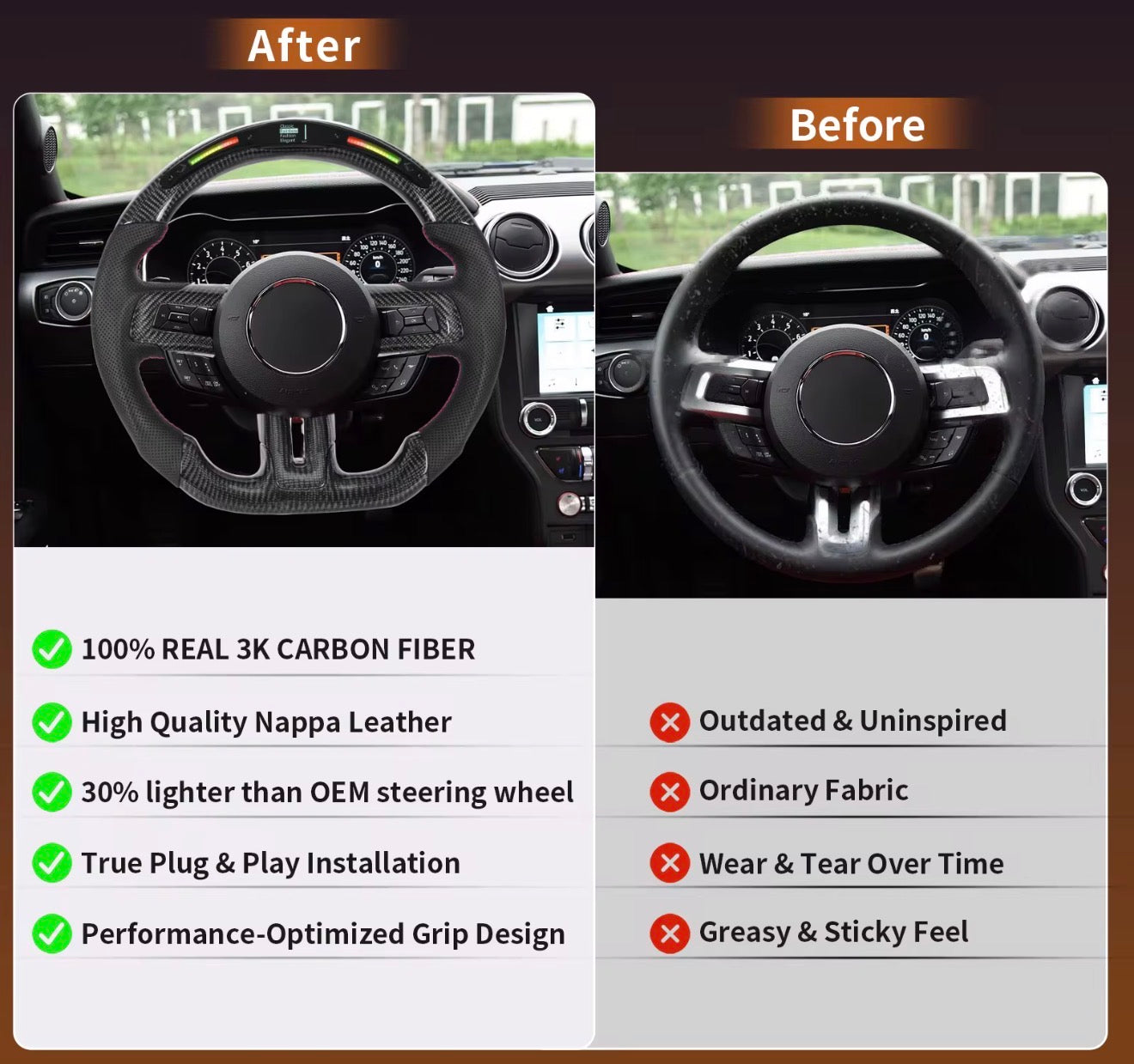 2015–2017 Ford Mustang Carbon Fiber LED Steering Wheel | Flat Bottom | Perforated Leather