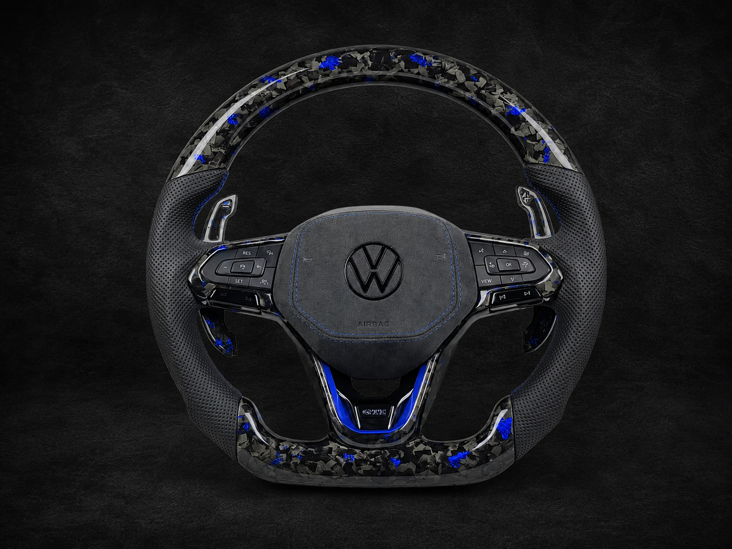 Volkswagen MK8 GTI / Golf R Custom Carbon Fiber Steering Wheel – Blue Forged Carbon | Flat Bottom | Full Assembly