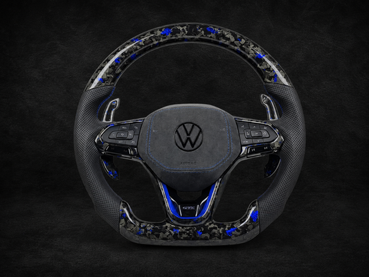 Volkswagen MK8 GTI / Golf R Custom Carbon Fiber Steering Wheel – Blue Forged Carbon | Flat Bottom | Full Assembly