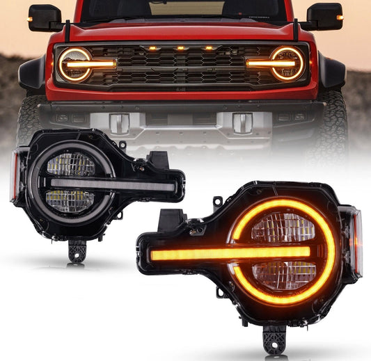 LED Headlights for Ford Bronco 2021-2025,w/Amber or White DRL,Pair