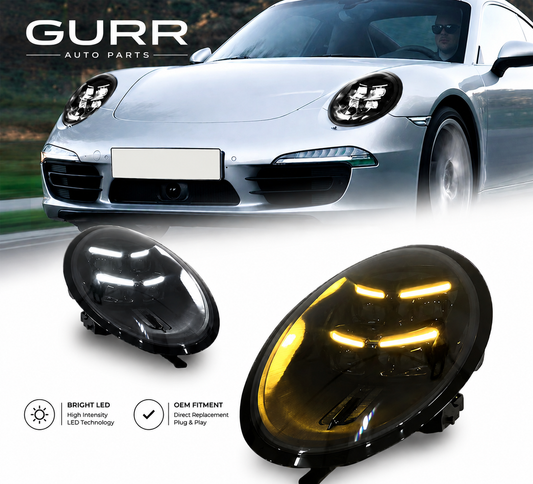 2013–2018 Porsche 911 (991) V2 Smoked Black LED Headlights – Dual Color DRL | Plug & Play