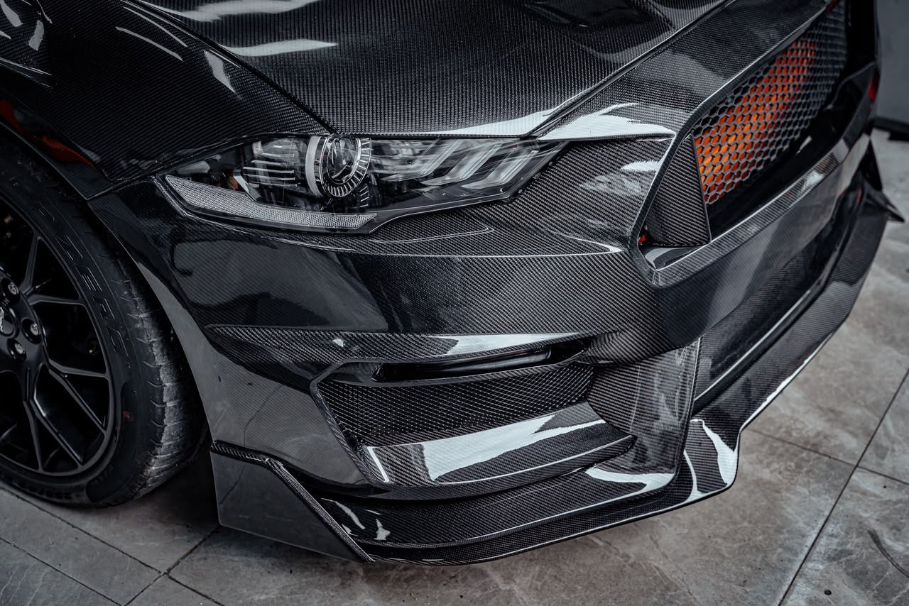 2018–2023 Ford Mustang Full Dry Carbon Fiber Front Bumper & Aero Body Kit – Gloss Finish