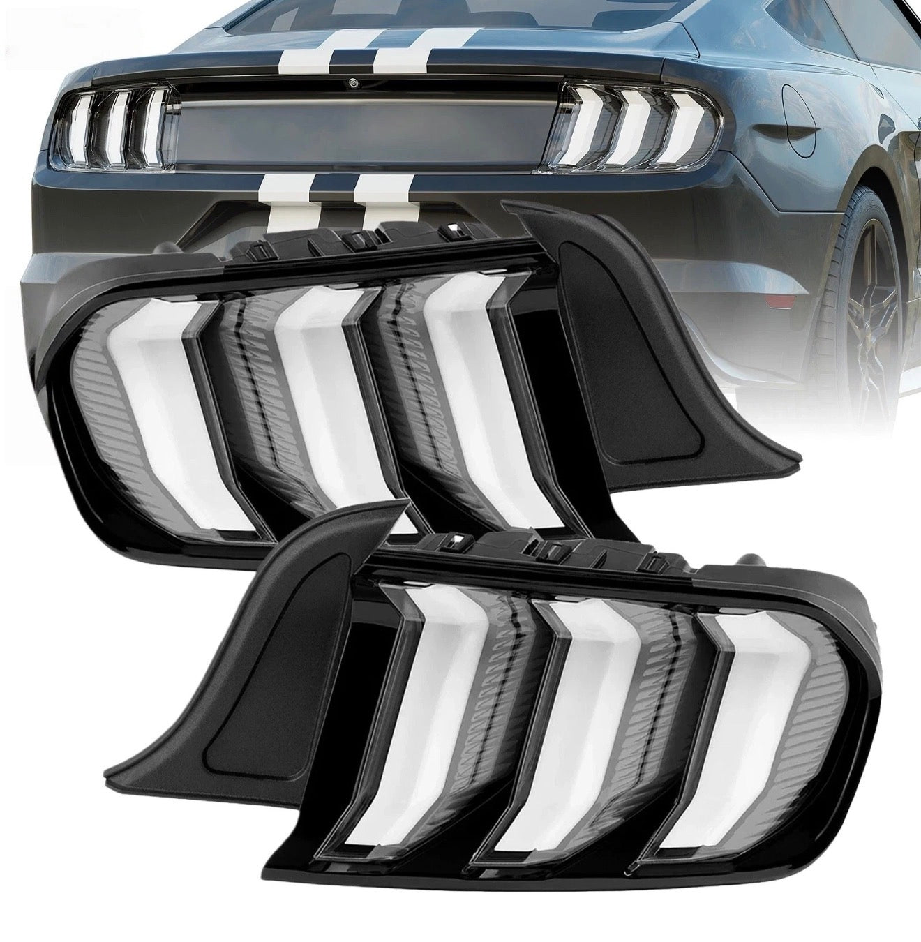 2015-2023 Ford Mustang Black/Clear LED Sequential Tube Tail Lights Brake Lamps