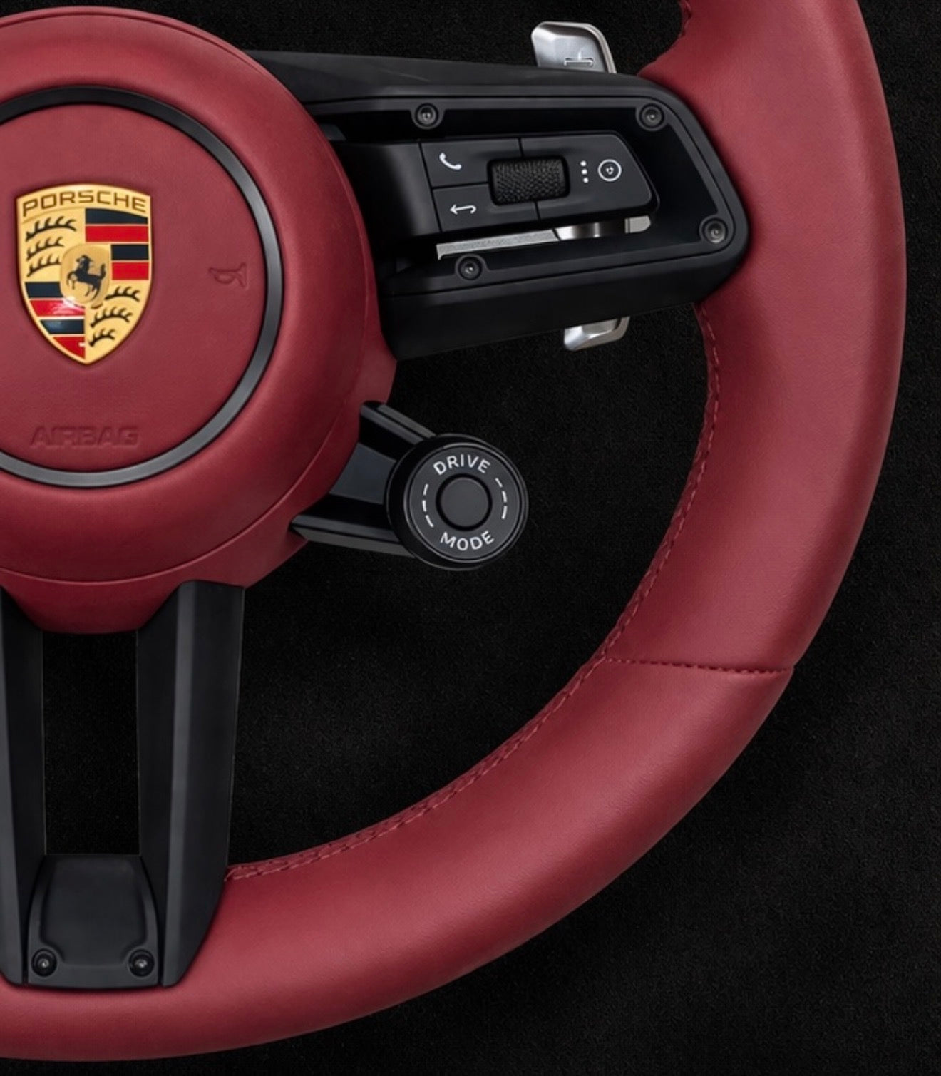 Porsche Sport Multifunction Steering Wheel In OEM Red leather w/ Airbag, Paddle Shifters & Drive Mode Selector for 2017+ models