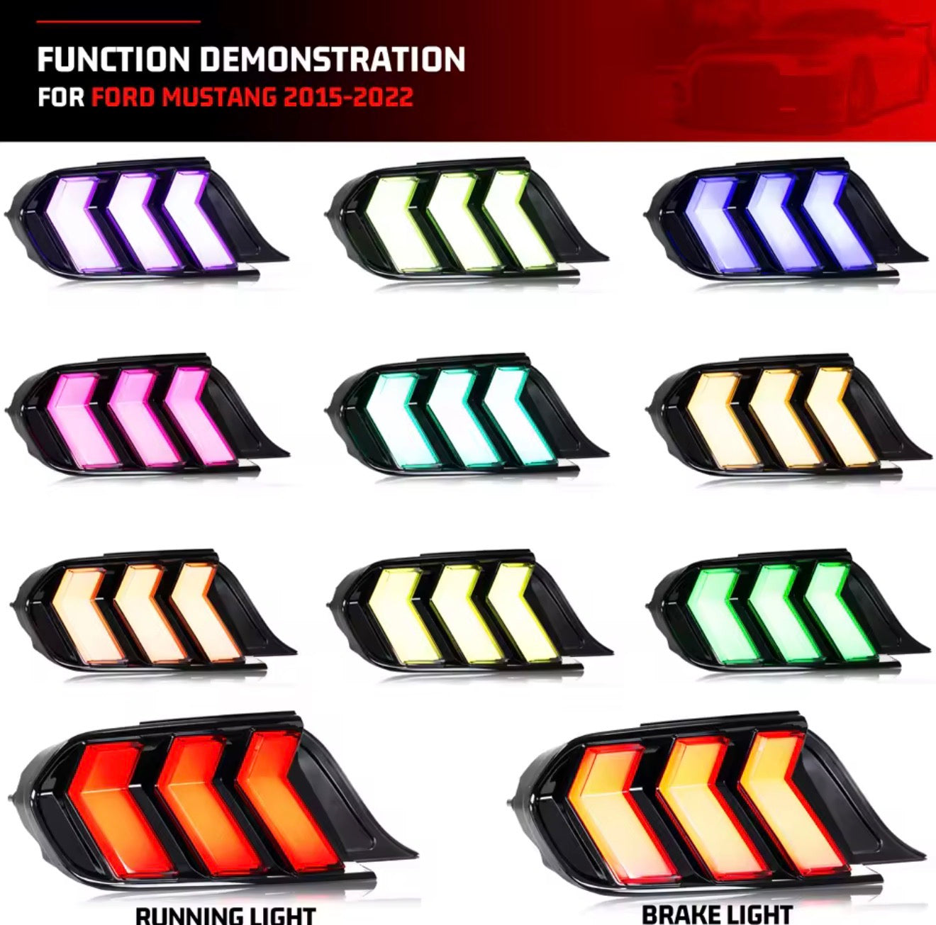 RGB Tail Lights for Ford Mustang S550 2015-2023
V6 V8 Color Change Sequential Turn Signal Rear Lamps
Assembly