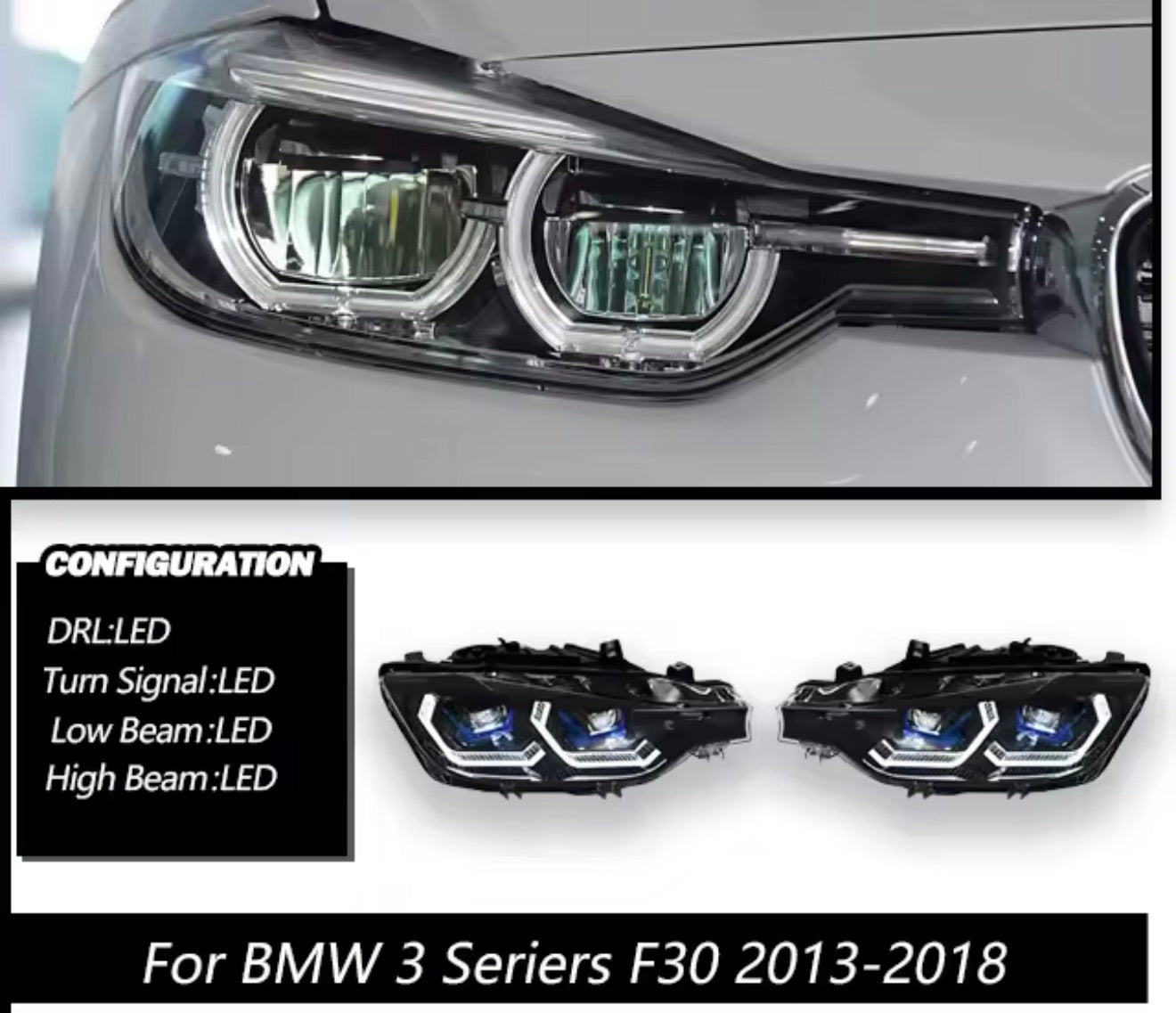 BMW 3 Series 2015-2018 F30 LED Adaptive Headlights, Laser Style