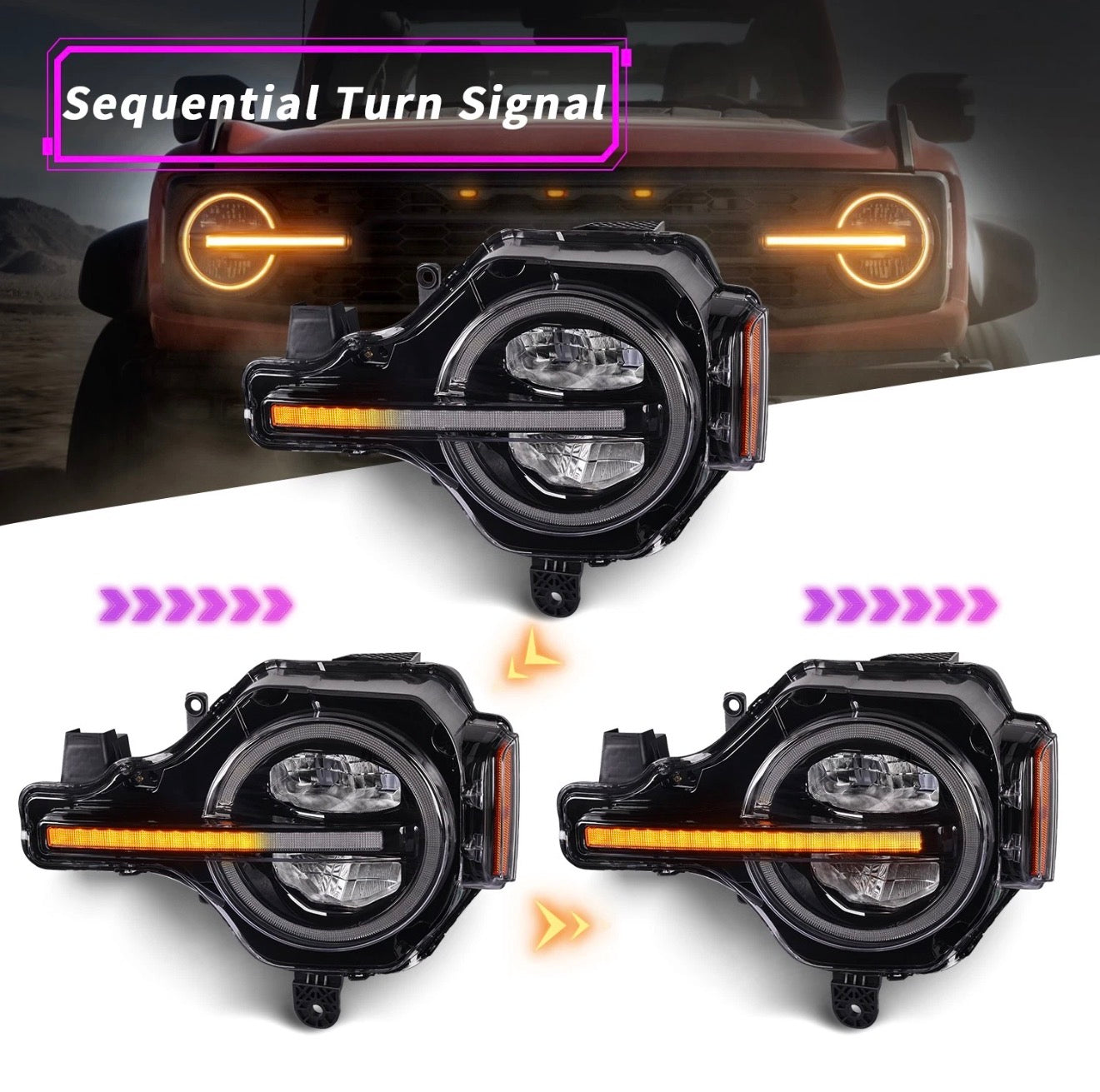 LED Headlights for Ford Bronco 2021-2025,w/Amber or White DRL,Pair