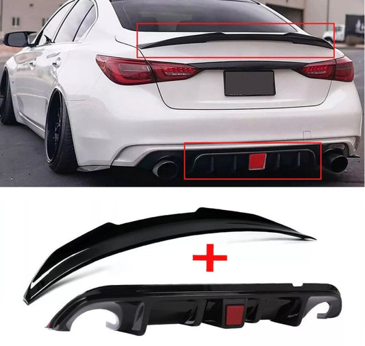 Rear Bumper Diffuser LED & PSM Trunk Spoiler For 18-23 Infiniti Q50 Glossy Black