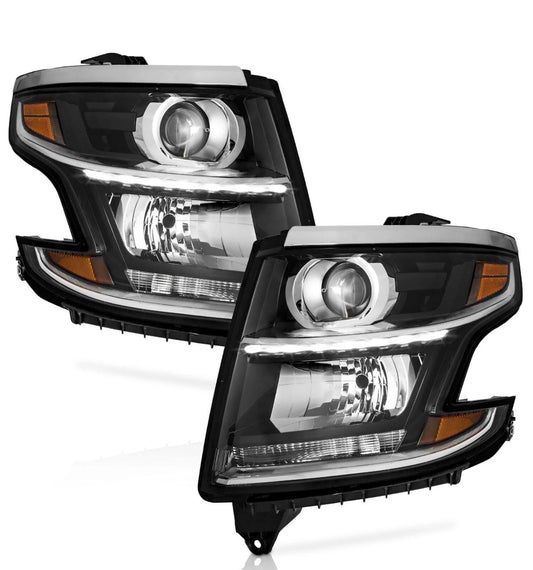 Headlights For 2015-2020 Chevy Tahoe / Suburban Chrome Lamps LH+RH