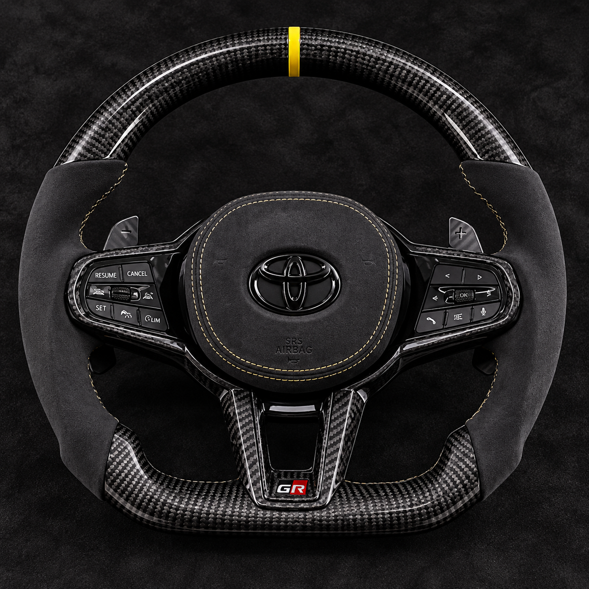 Toyota Supra MK5 G-Style Full Assembly Carbon Fiber & Italian Alcantara Steering Wheel – Yellow Accents
