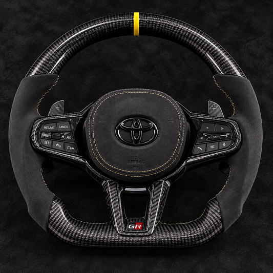 Toyota Supra MK5 G-Style Full Assembly Carbon Fiber & Italian Alcantara Steering Wheel – Yellow Accents
