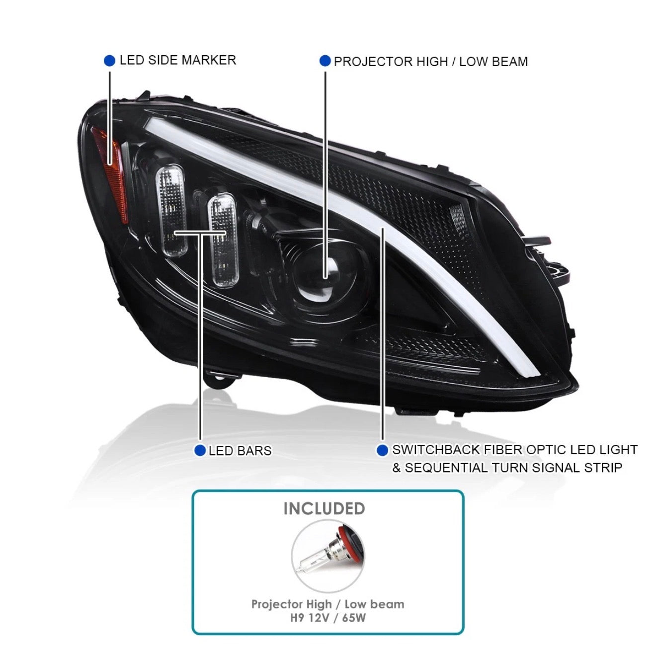 Jet Black Fits 2015-2018 Benz W205 Projector Headlights Switchback Led Signal