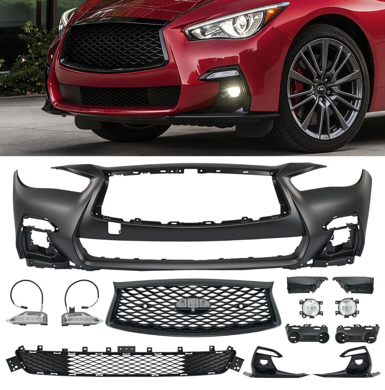 13 Pc Front Bumper Grille Set For 2018-2024 Infiniti Q50 Sport W or W/O Sensor