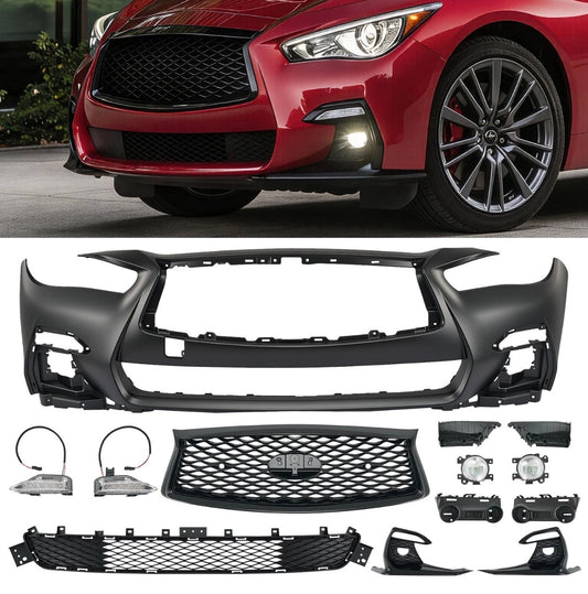 13 Pc Front Bumper Grille Set For 2018-2024 Infiniti Q50 Sport W or W/O Sensor
