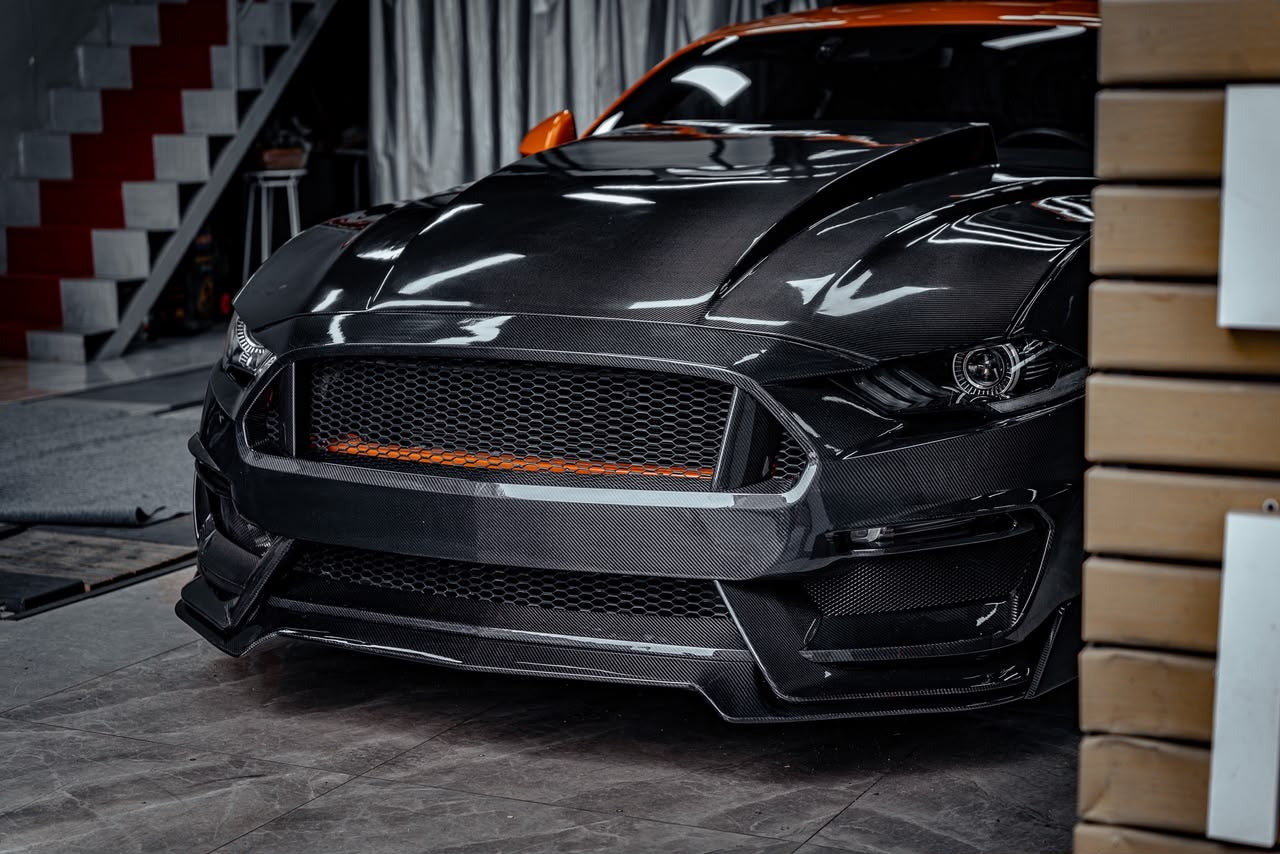 2018–2023 Ford Mustang Full Dry Carbon Fiber Front Bumper & Aero Body Kit – Gloss Finish
