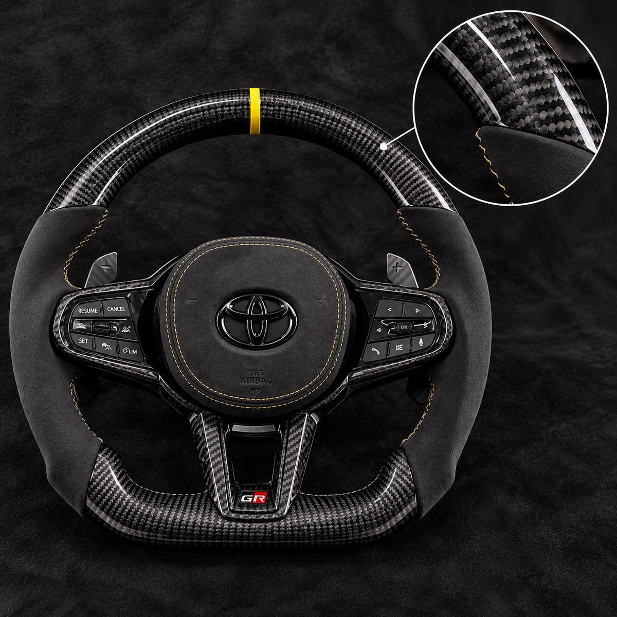 Toyota Supra MK5 G-Style Full Assembly Carbon Fiber & Italian Alcantara Steering Wheel – Yellow Accents