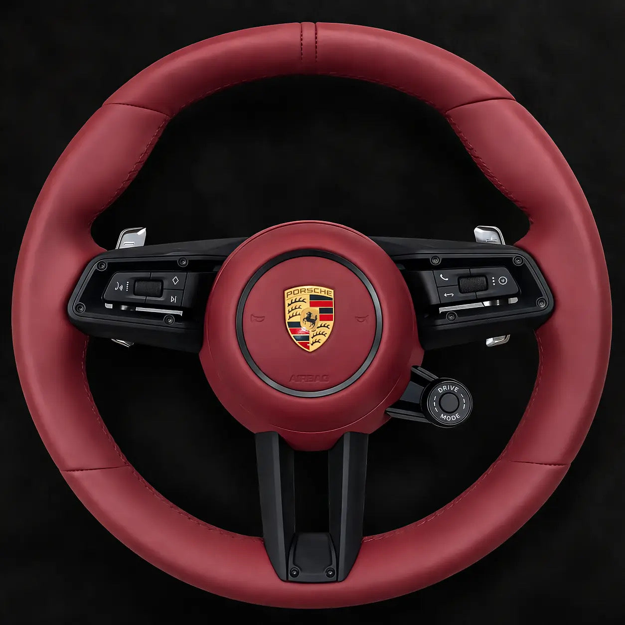 Porsche Sport Multifunction Steering Wheel In OEM Red leather w/ Airbag, Paddle Shifters & Drive Mode Selector for 2017+ models