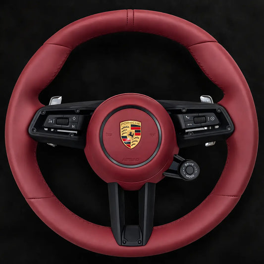 Porsche Sport Multifunction Steering Wheel In OEM Red leather w/ Airbag, Paddle Shifters & Drive Mode Selector for 2017+ models