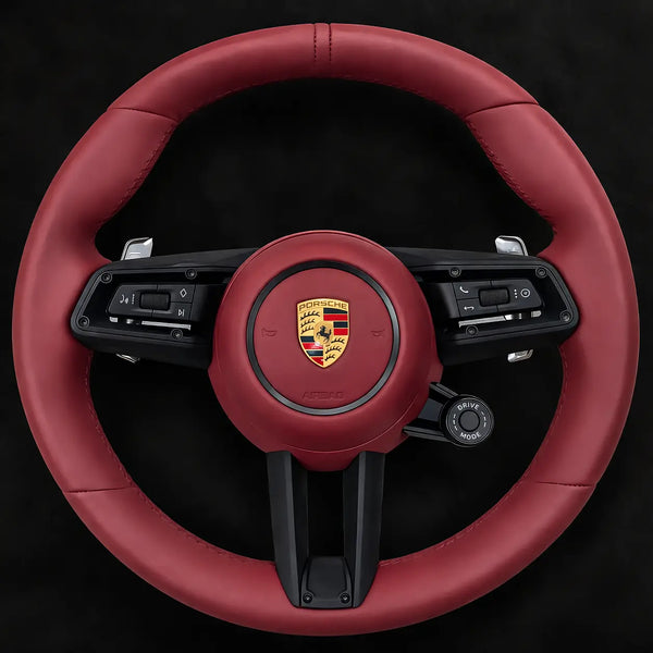 Porsche Sport Multifunction Steering Wheel In OEM Red leather w/ Airbag, Paddle Shifters & Drive Mode Selector for 2017+ models