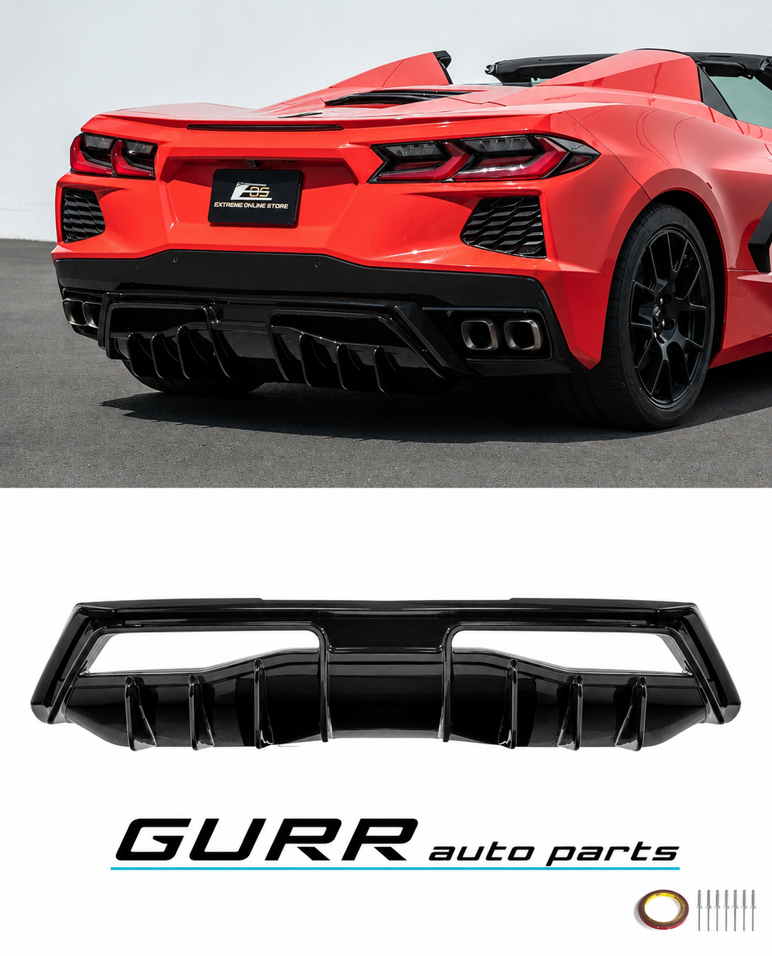 For 20-Up Corvette C8 Base Glossy Black Rear Bumper Add-On Diffuser Splitter Lip Race Style