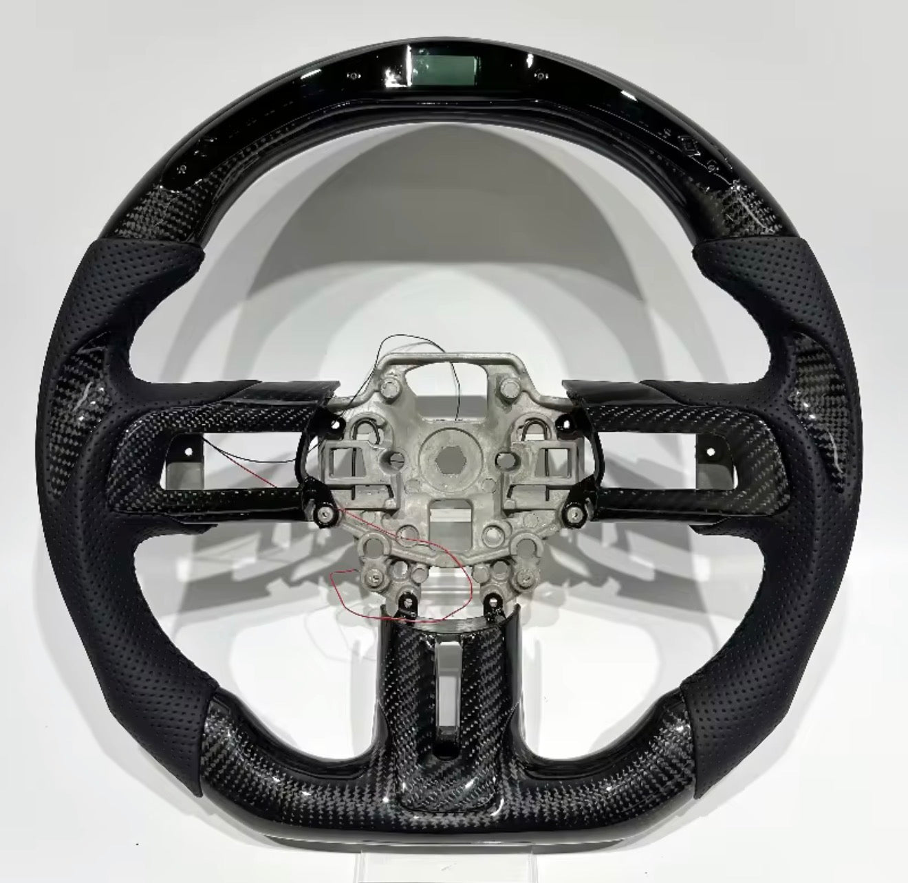 LED RPM Gloss Carbon Fiber Steering Wheel for Ford Mustang GT & Shelby 2015–2023 | Flat Bottom | Perforated Leather
