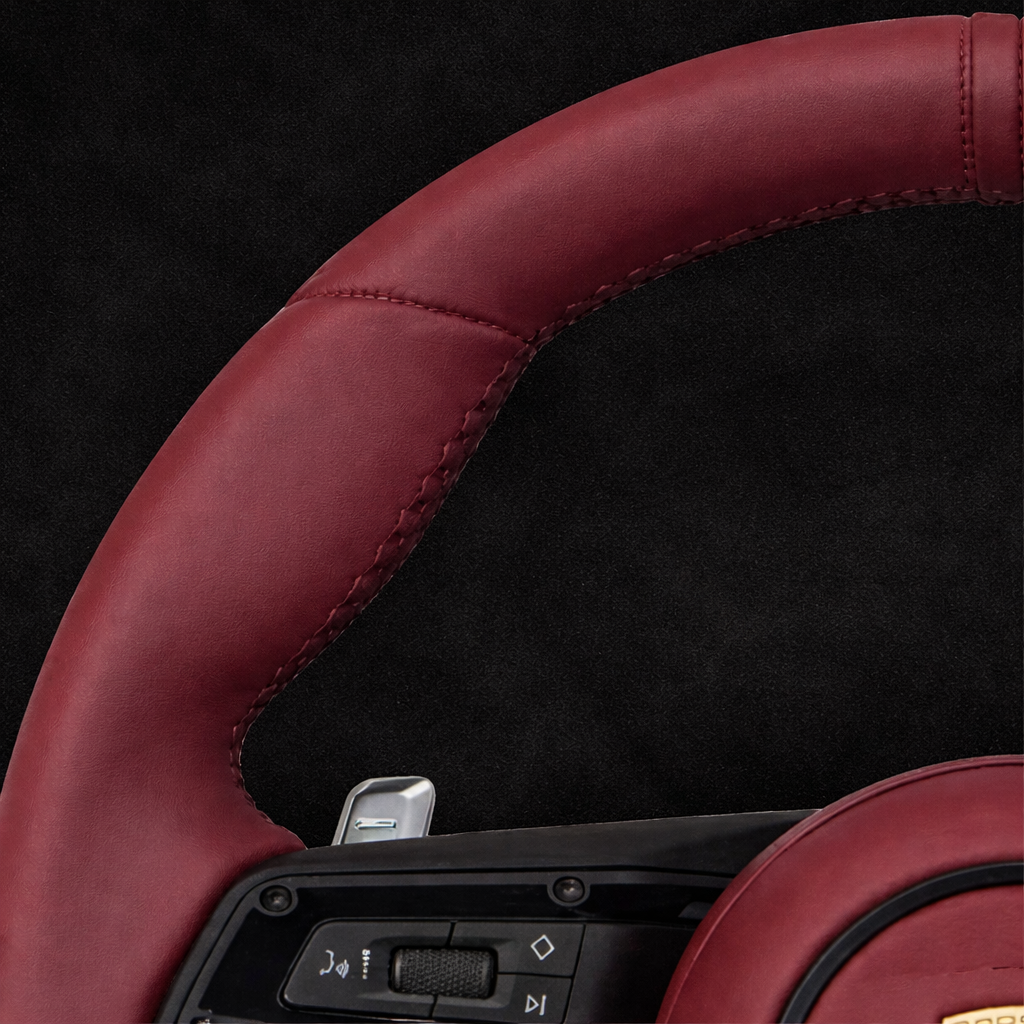 Porsche Sport Multifunction Steering Wheel In OEM Red leather w/ Airbag, Paddle Shifters & Drive Mode Selector for 2017+ models