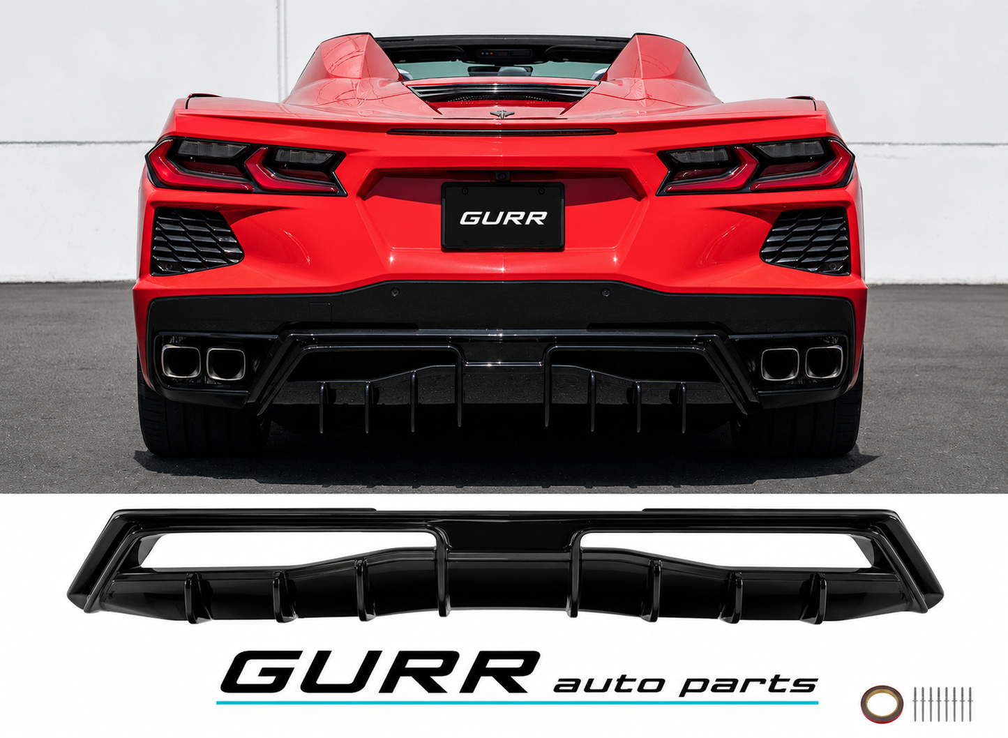 For 20-Up Corvette C8 Base Glossy Black Rear Bumper Add-On Diffuser Splitter Lip Race Style