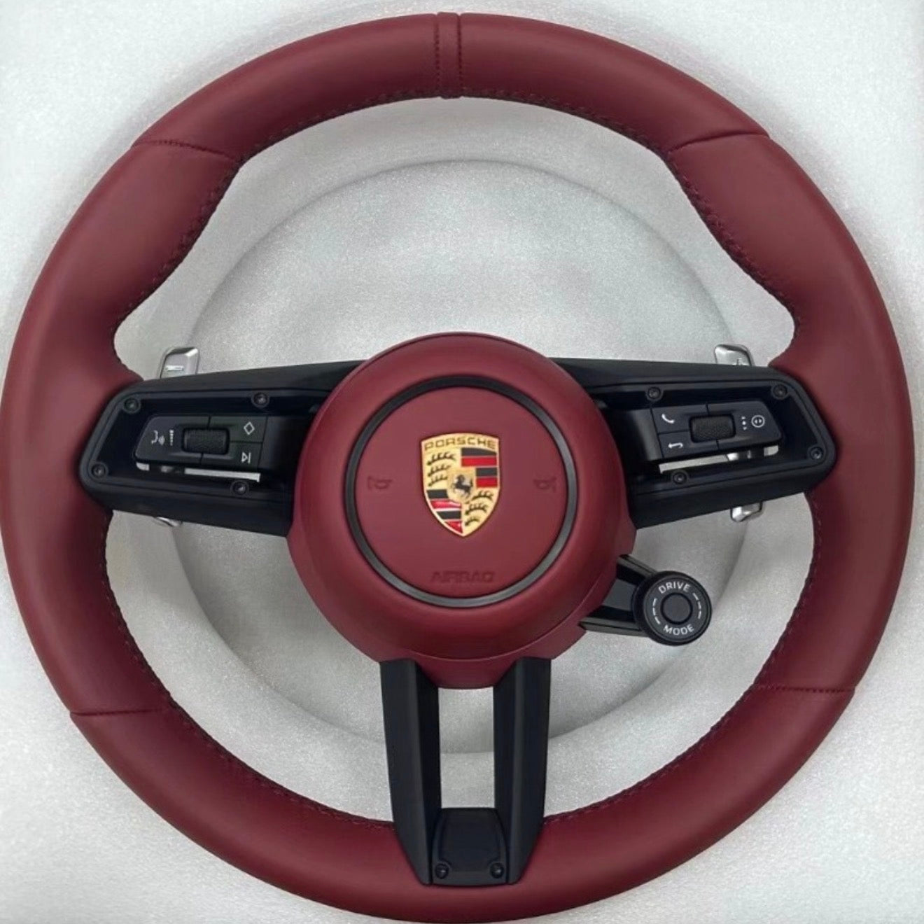 Porsche Sport Multifunction Steering Wheel In OEM Red leather w/ Airbag, Paddle Shifters & Drive Mode Selector for 2017+ models