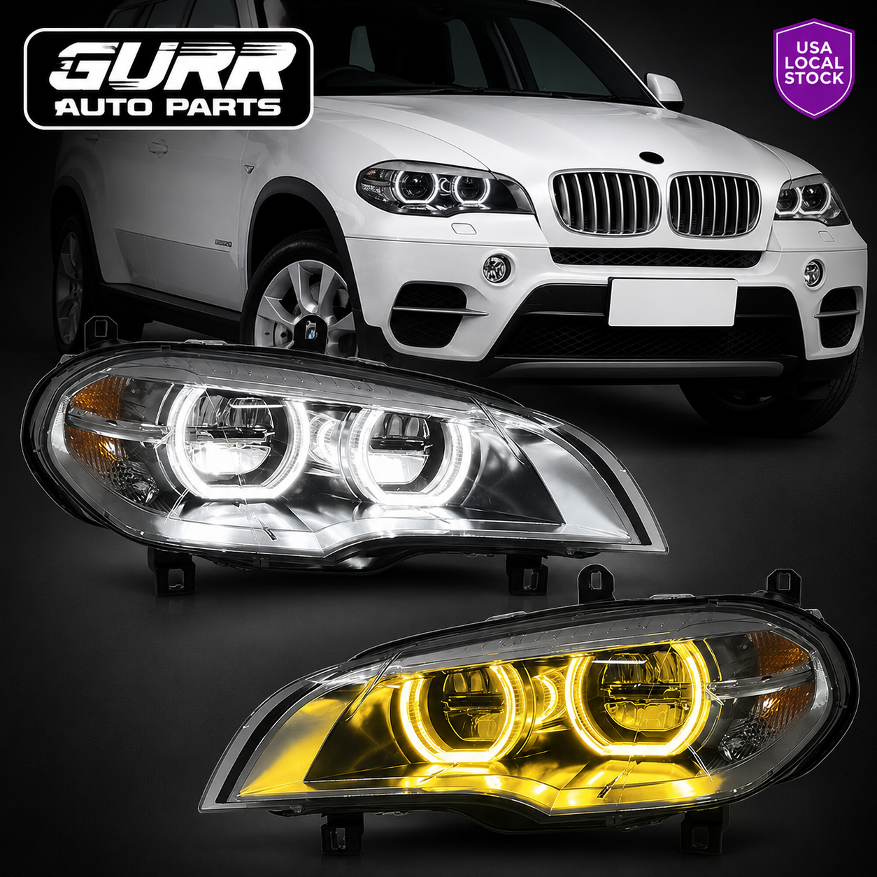 BMW X5 E70 Dual Color LED Headlights (2008–2013) – White & Yellow DRL Upgra