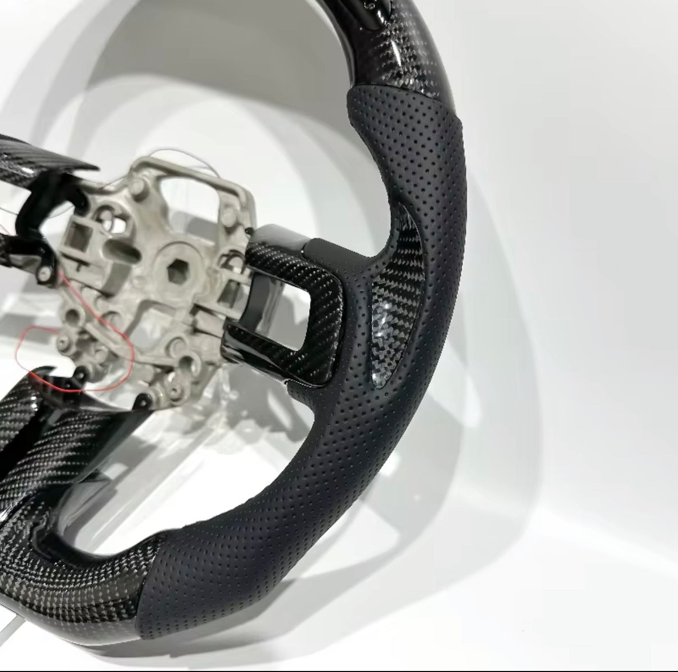 LED RPM Gloss Carbon Fiber Steering Wheel for Ford Mustang GT & Shelby 2015–2023 | Flat Bottom | Perforated Leather