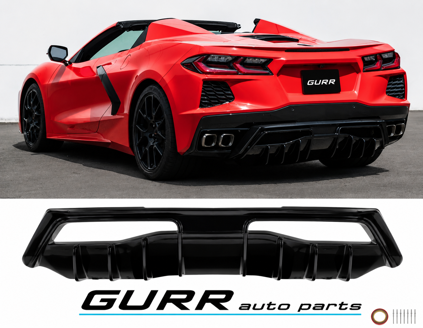For 20-Up Corvette C8 Base Glossy Black Rear Bumper Add-On Diffuser Splitter Lip Race Style