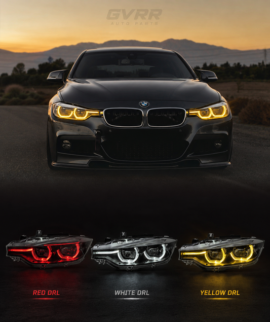 BMW 3 series F30 Tri-Color LED Headlights – Yellow / White / Red DRL Switching | Blacked-Out & Clear Lens Design