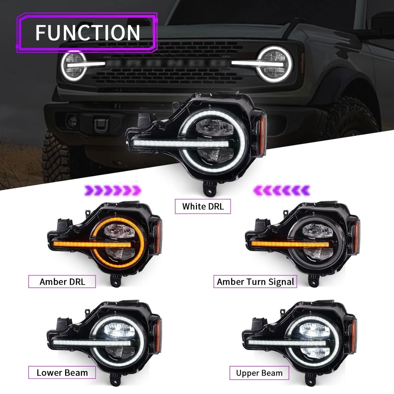 LED Headlights for Ford Bronco 2021-2025,w/Amber or White DRL,Pair