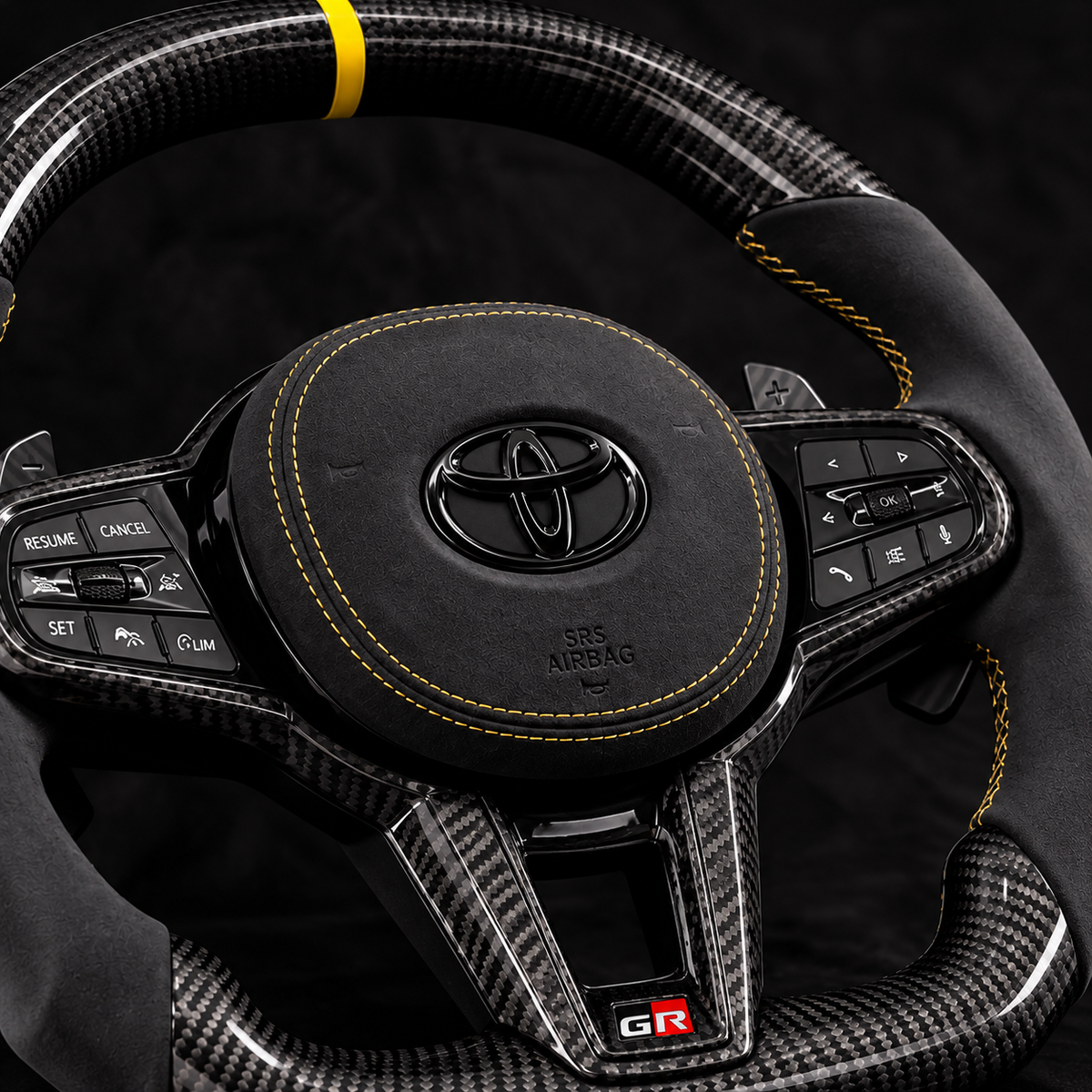 Toyota Supra MK5 G-Style Full Assembly Carbon Fiber & Italian Alcantara Steering Wheel – Yellow Accents