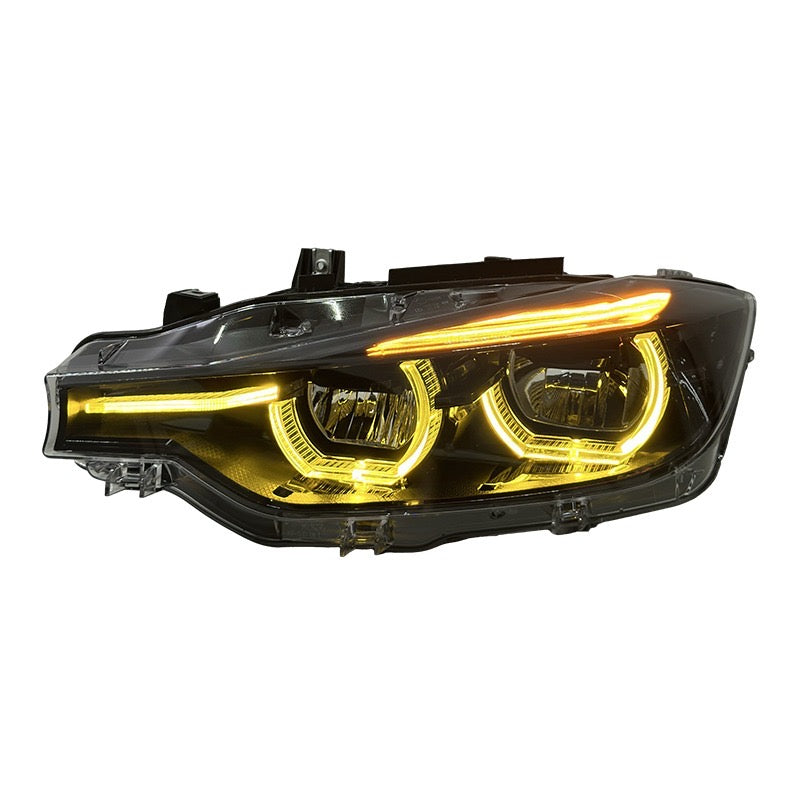 BMW 3 series F30 Tri-Color LED Headlights – Yellow / White / Red DRL Switching | Blacked-Out & Clear Lens Design