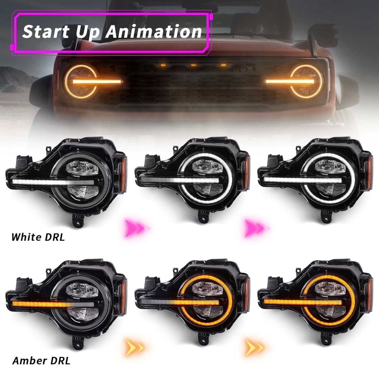 LED Headlights for Ford Bronco 2021-2025,w/Amber or White DRL,Pair