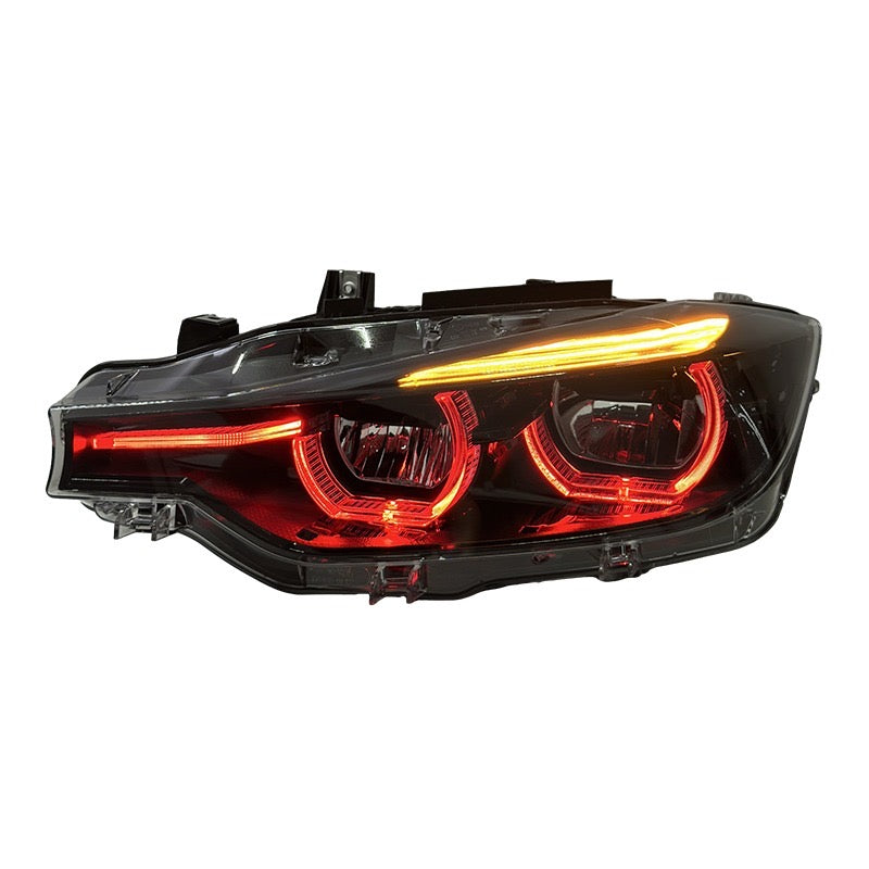BMW 3 series F30 Tri-Color LED Headlights – Yellow / White / Red DRL Switching | Blacked-Out & Clear Lens Design