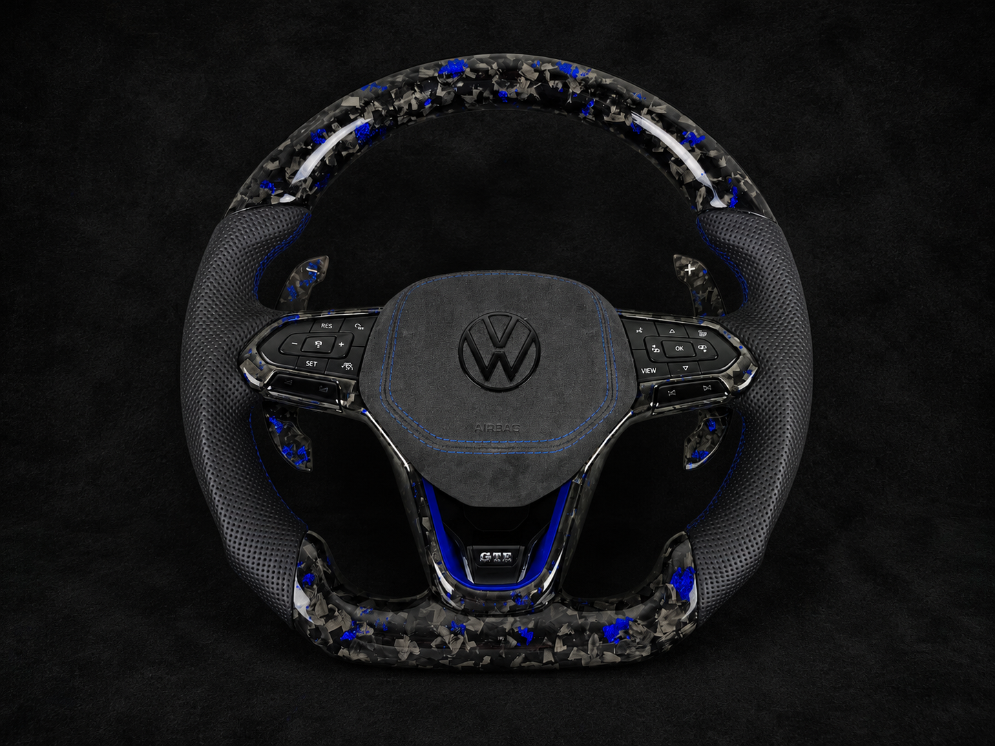 Volkswagen MK8 GTI / Golf R Custom Carbon Fiber Steering Wheel – Blue Forged Carbon | Flat Bottom | Full Assembly